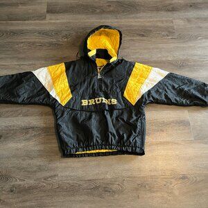 Vintage Boston Bruins Starter Puffer Jacket Pullover 1/4 Zip Black NHL M Hooded